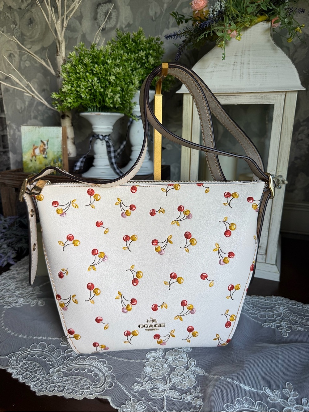 Coach Chalk White Leather Cherry Print Small Dufflette Shoulder Bag Purse 27504